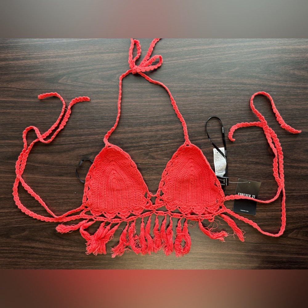 Forever 21 Coral Crochet Fringe Bikini Top